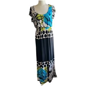 Oneworld Turquoise Black Floral Maxi Blouson Dress Size L Cap Sleeve Bohemian
